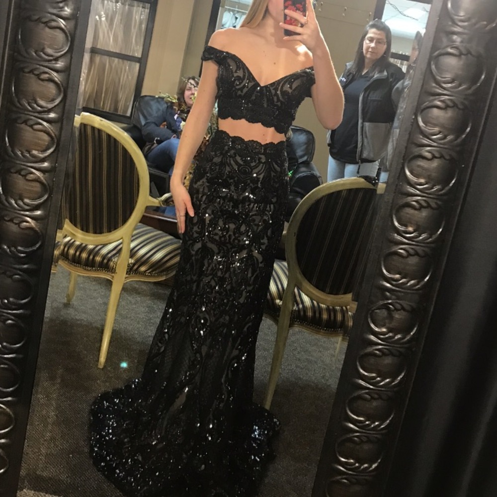 Black two piece sequin prom dress
